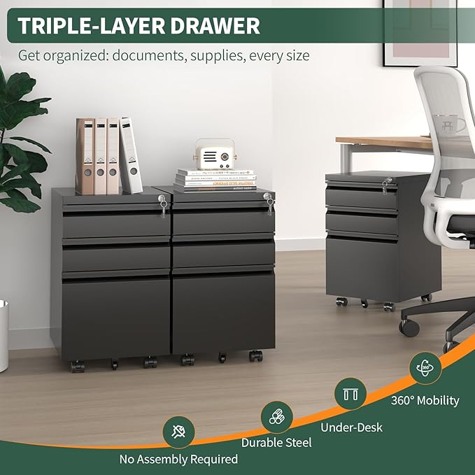3 Drawer File Cabinet with Lock,Under Desk Rolling Small Filing Cabinet for Home Office Storage,Mobile Steel Cabinets with Wheels,Fully Assembled,Black