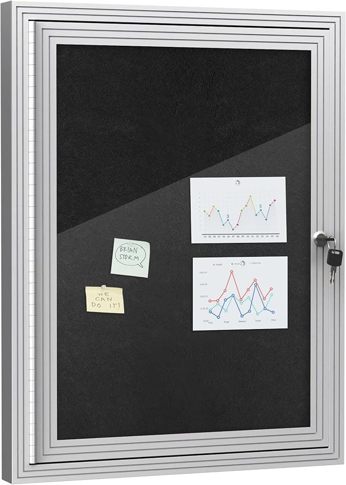 26"x20" Enclosed Bulletin Board, Outdoor Lockable Weather-Resistant Aluminum Cork Noticeboard for School & Office, Silver Frame w/Black Flet