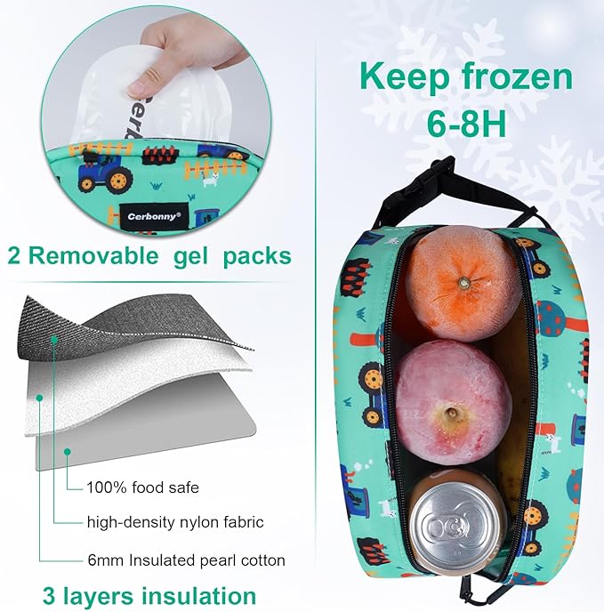 Cerbonny Freezable Cooler Bag for Work, School, Travel - Insulated, Fit for Yogurt, 3+ (Green Vehicle)