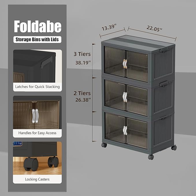 Stackable Storage Bins, Plastic Storage Bins with Lid and Wheels, Collapsible Storage Containers with Magnetic Doors, Foldable Storage Boxes for Home, Pantry, Office (M, Gray 3-Tier)