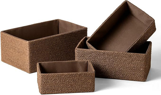 Paper Rope Woven Storage Basket Set of 4 with Fabric Liner, Stackable Multipurpose Organizer Bin, Brown
