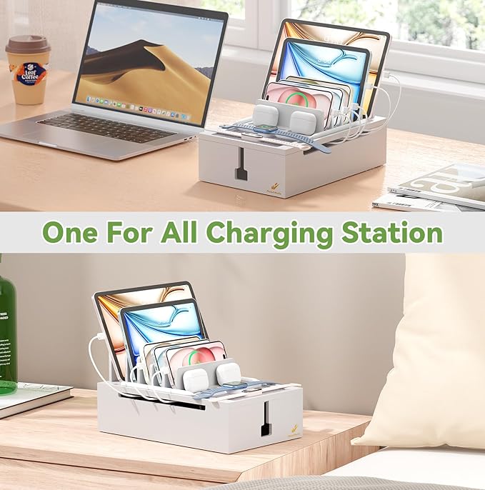 Pezin & Hulin Bamboo Charging Station, Electronic Devices Organizer for Multiple Devices Charger Such As Cell Phone, Tablet, Watch and More, White, (No USB Charger and Cables