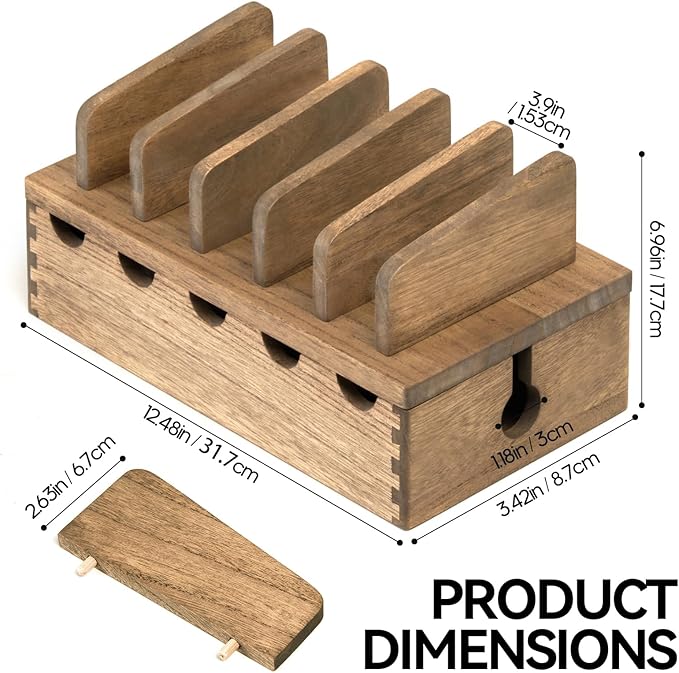 KIRIGEN Wood Charging Station Rack Organizer for Multiple Devices Desktop Organizer with 5 Ports for Cell Phones, Tablets, Earphones Wooden Cable Management DDXH-DBR