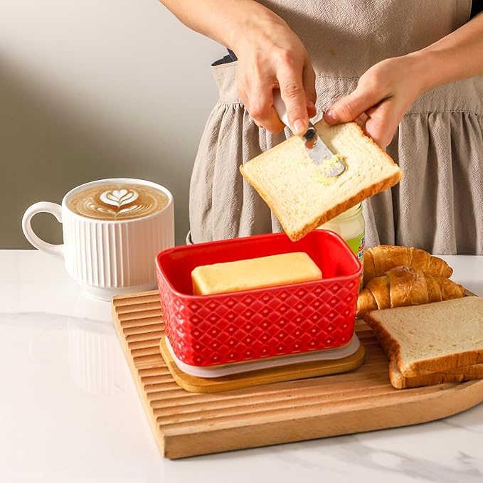 Hasense Ceramic Butter Dish with Lid, Large Butter Holder for Countertop Airtight Butter Stick Covered Keeper, Red Embossed Pattern Design,Holiday Gift