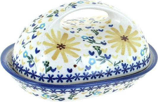 Blue Rose Polish Pottery - Yellow Daisy Butter Dish - Fits 1 Stick - Butter Dish for Countertop Organization and Storage