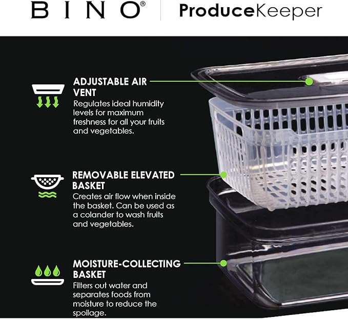BINO | Produce Saver - 23.7 Cup/5.6L | Fridge Storage Containers for Fruits and Vegetables | Vegetable Storage with Adjustable Air Vent, Removable Basket | BPA-Free Fridge Organizers and Storage