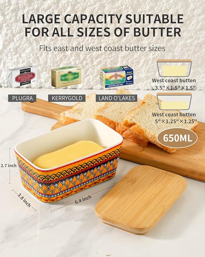 Hasense Bohemian Butter Dish, Farmhouse Ceramic Butter Dish with Lid for Fridge, Butter Container Holder with Cover or Fridge,Silicone Sealing, Holds Two Sticks of Butter, Yellow
