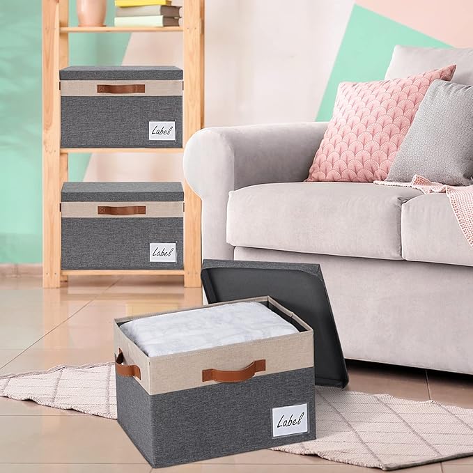 GhvyenntteS Large Storage Bins with Lids 6 Pack, Large Closet Storage Bin with Lid and 3 PU Handles, Foldable Fabric Storage Boxes with Label Window for Home Office (Beige, 15" x 11" x 9.7")