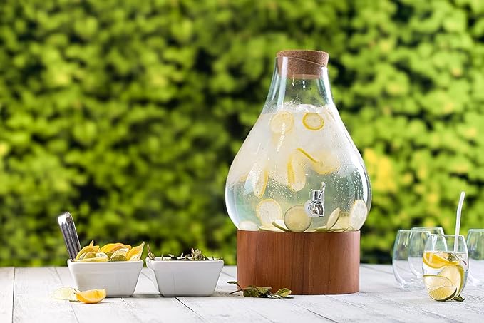 Classic Home Teardrop Clear Glass Ice Cold Beverage Drink Dispenser- 2.75 Gallon, With Cork Lid & Modern Wood Base Leak Proof Spigot- Wide Mouth Easy Filling For Outdoor, Parties & Daily Use