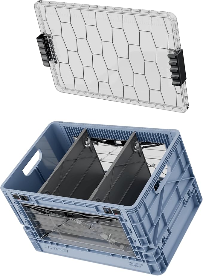 SIDIO Full-Size Collapsible Crate - Heavy Duty Stackable Storage Bin with Lid & 2 Short-Ways Dividers, Durable Plastic Organizer for Home, Office, Garage & Outdoor Use (Navy Gray)