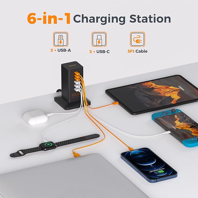 USB C Charger Blcok PD 100W, TESSAN 6-in-1 Charging Station for Multiple Devices, Desktop Tower Charger with 6 USB Ports for iPhone 17/16/15, MacBook, Tablet, Office Home Dorm Room Accessories