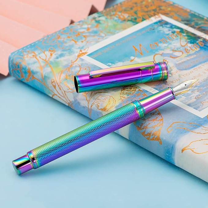 Hongdian Rainbow Forest Fountain Pen Blade Nib Classic Design Calligraphy Pen with Converter and Metal Pen Case Set