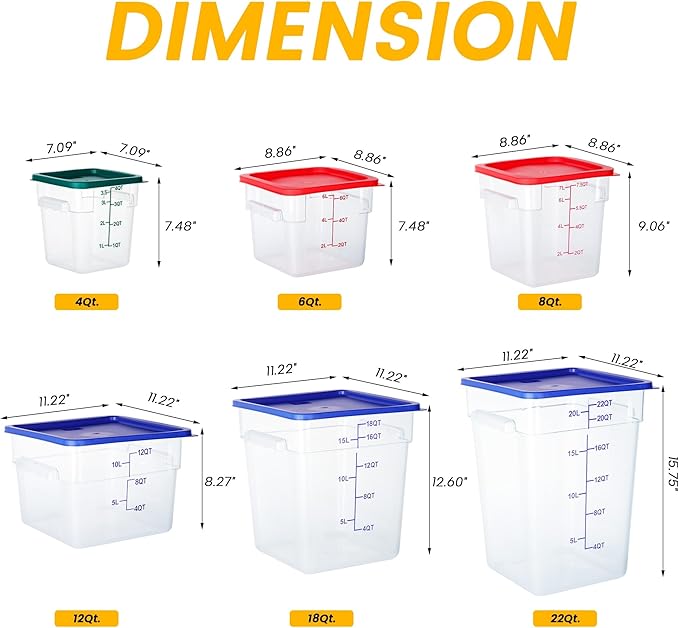 4 Pack Food Storage Containers, 22 Quart with Lids, Square Commercial Containers with Scale, NSF, Polycarbonate, Clear