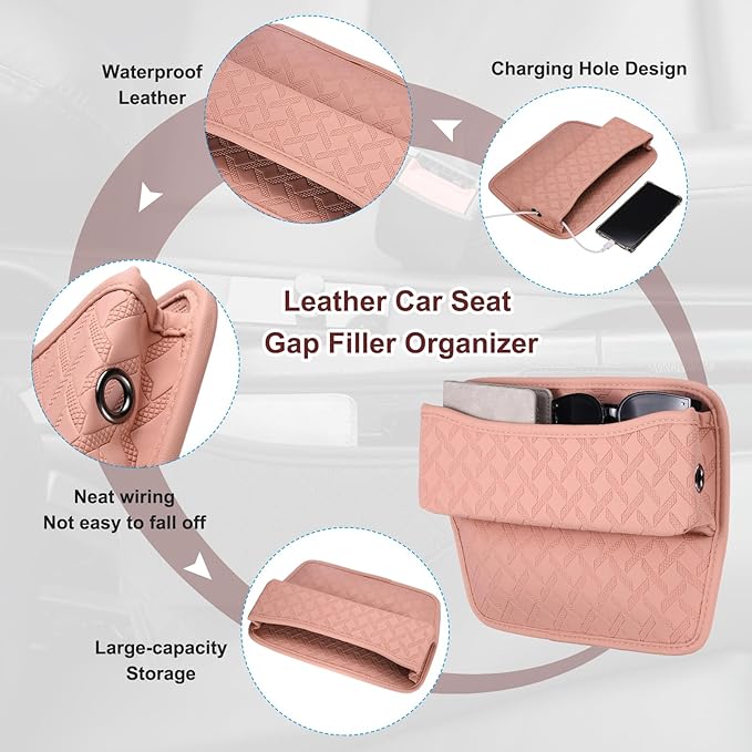 HARFINGTON Car Seat Gap Filler Organizer 11.5 x 8 x 2.1 Inch Leather Universal Car Organizer Storage Box Between Seat and Console for Phone Sunglasses Keys, Pink