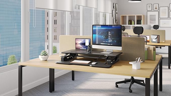 Mount-It! Height Adjustable Standing Desk Converter, 38” Wide, Stand Up Desk Riser for 2 Monitors, Manual Gas Spring Desktop Raises to 16.9", Fits Two Monitor Screens with Keyboard Mouse Tray in Black