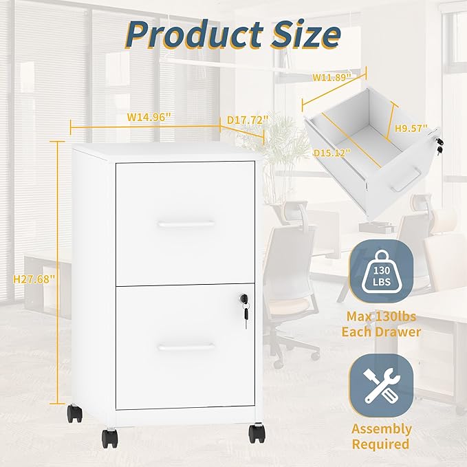 2 Drawer File Cabinet on Wheels, Mobile Filing Cabinets with Lock, Metal Storage Cabinet, Vertical Filing Cabinets for Home Office, Rolling File Cabinet for Under Desk, Amssebly Required,White