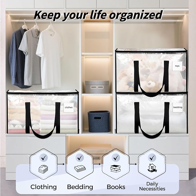 16 Pack Extra Large Heavy Duty Moving Bags, Clear Storage Bins with Lids, Reinforced Handles & Heavy-Duty Zippers Moving Boxes Storage Bags Totes for Clothes Packing, Dorms, College Supplies, Clear