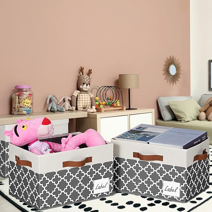 GhvyenntteS Extra Large Storage Bins with Lids, Foldable Fabric Storage Boxes with Lids and 3 Handles, Storage Baskets with Label for Home Office (3 Pack, White&Lattice Grey, 15.75x11.8x10.2)