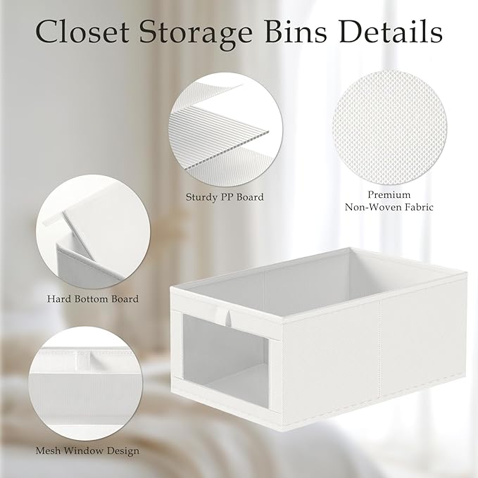 Criusia 4 Pack Closet Organizers and Storage, Large Linen Closet Baskets for Organization, Foldable Storage Containers for Towels, Clothing, Jeans, Books, Shelves, White
