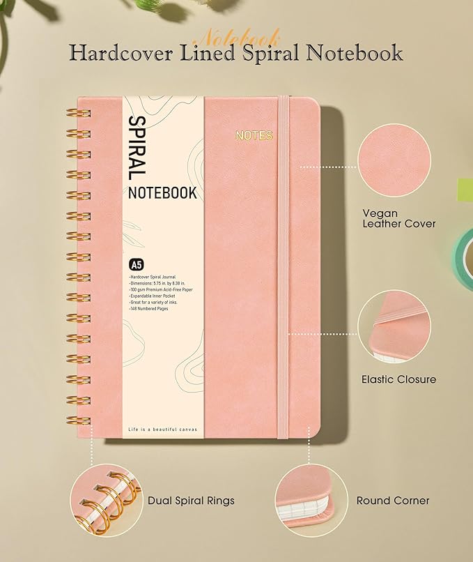 Dotted Spiral Journal Notebook, A5 Hardcover Spiral Journals for Women Men, 100 GSM Dot Grid Paper Notebooks, 150 Pages Spiral Bullet Dotted Notebook for Writing Note Taking 5.75" x 8.38", Blush Pink