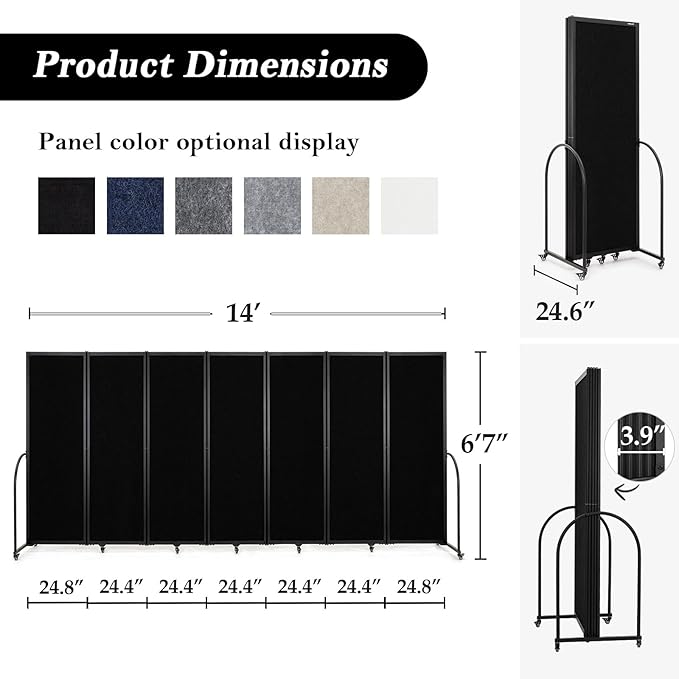 Folding Room Partition,Privacy Room Screen with Arms,Office Dividers Partition Wall,14'3"L* 6'7"H,Black