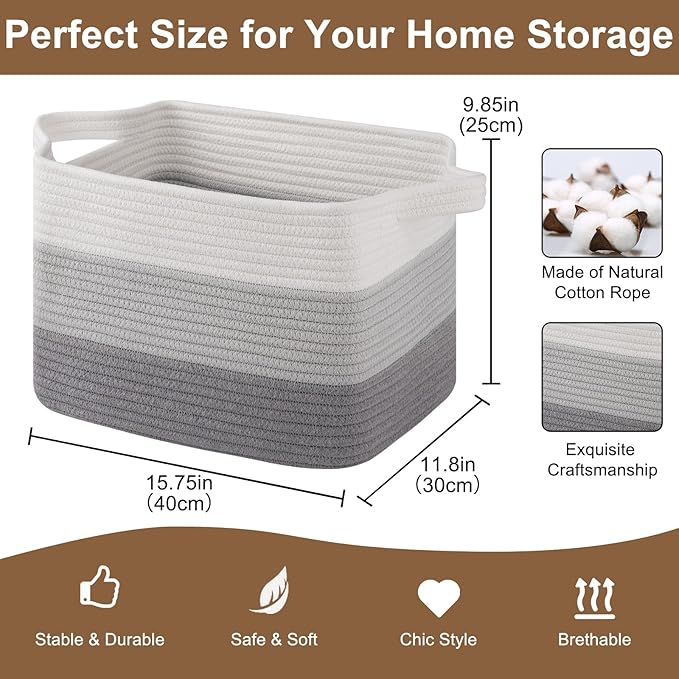 Storage Basket for Organizing, Woven Baskets for Storage, Rectangle Decorative Baskets for Shleves, Closet, Toys, Books, Nursery Organizer Bins - Pack of 3 (Gradient Gray, 15.75"x11.8"x9.85")