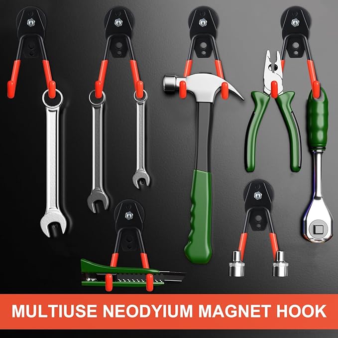 Landhoow Large Magnetic Hooks Heavy Duty Garage Magnet Hooks Strong Storage Utility Magnetic Hangers with Anti Slip Rubber Coating for Indoor and Outdoor Hanging(Orange,6 Pcs)