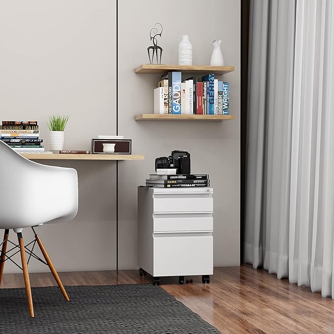 3 Drawer File Cabinet with Wheels, Metal Filing Cabinet with Lock, Office Rolling File Cabinets for A4/Legal/Letter Size, Assembly Required, White