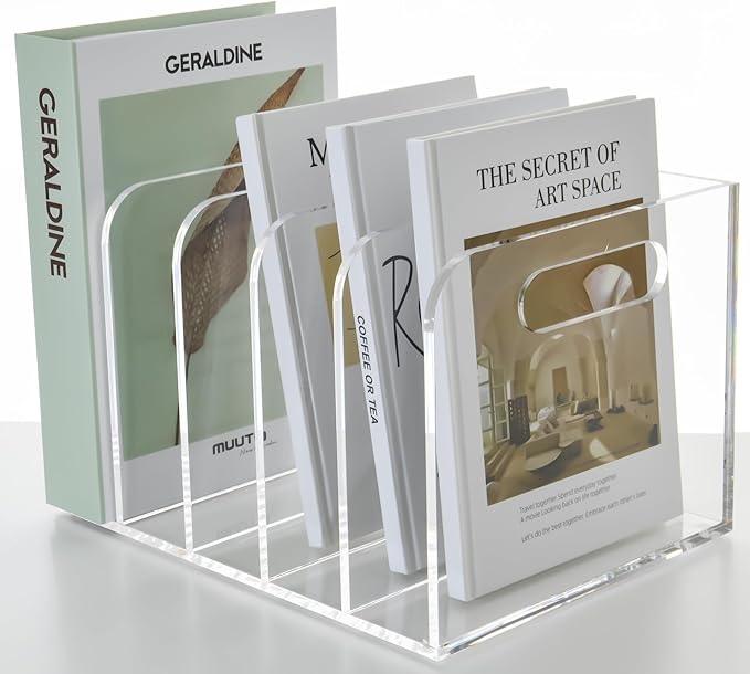 Clear Acrylic Organizers - 5 Vertical Compartments Acrylic Folder Organizer & File Organizer, Desk Document Storage Bins for Magazines, Binders - Multipurpose Home Office Desk Organizer