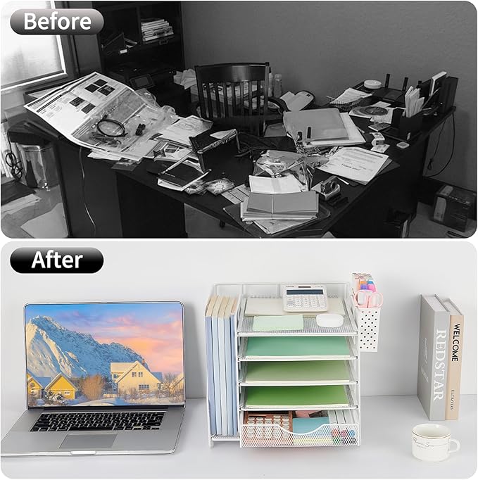 Desk Organizer with Drawer and Pen Holder, 5-Tier Paper Letter Tray Organizer with File Holder, Suitable for Workspace Organizer Office Supplies Storage (White)