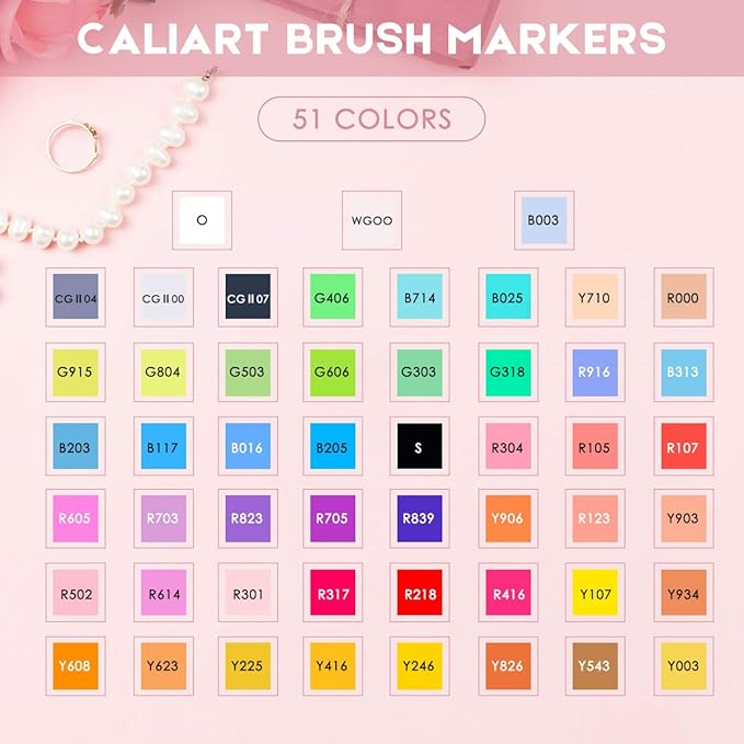 Caliart 51 Colors Brush & Fine Alcohol Markers for Adult Coloring Book, Dual Tip Artist Sketch Art Markers, Aesthetic Cute Preppy Stuff School Supplies, Pens for Lettering Drawing Cards Planner