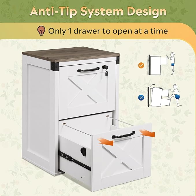 DEVAISE 2 Drawer File Cabinet with Lock, Wood Farmhouse Filing Cabinet for Home Office, Printer Stand Fits Letter and A4 Size, White