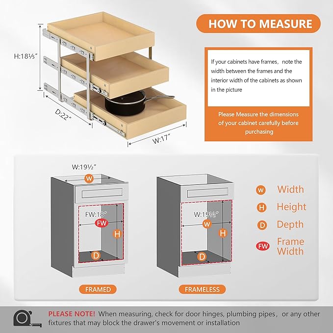 WelFurGeer 3-Tier Pull Out Cabinet Organizer with Soft Close, Heavy-Duty Slide Out Drawers for Cabinets, Pull Out Drawers for Cabinets, Bottom Mount Shelves for Kitchen, Pantry, Bathroom