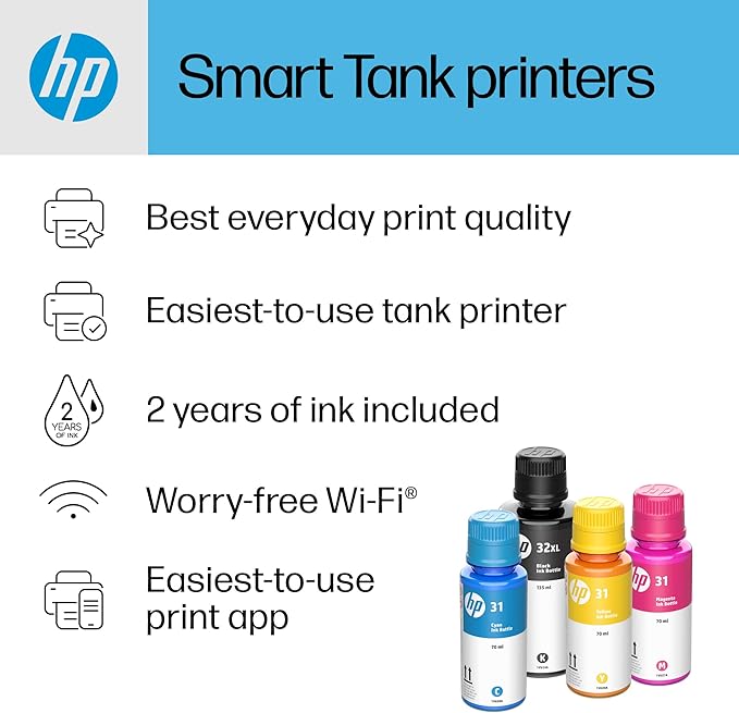 HP Smart Tank 7301 Wireless All-in-One Refillable Ink Tank Printer, Scanner, Copier with 2 years of ink included, Best for home office(28B70A)