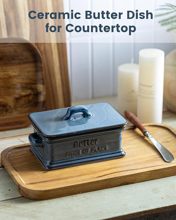 Butter Dish with Lid, Porcelain Butter Dish for Countertop Large Butter Keeper Butter Holder Container for East West Coast Butter, Farmhouse Decor for Thanksgiving Christmas, Blue