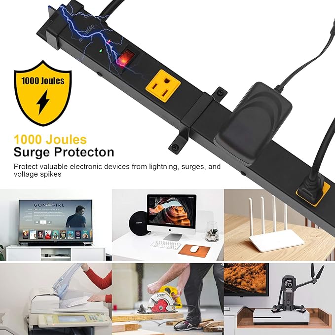 SURAIELEC 10 Outlet Long Power Strip Surge Protector, Industrial Heavy Duty Metal Shop Power Strip with Flat Plug, 1000 Joules, 15 AMP Breaker, 6FT Cord, Wall Mountable, for Work Bench, Shop, Garage