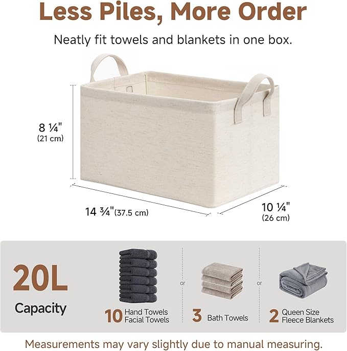 StorageWorks Storage Bins, Shelves Baskets for Organizing, Fabric Closet Organizers with Handles, Metal Frame, Beige（Cotton-linen）, 2-Pack