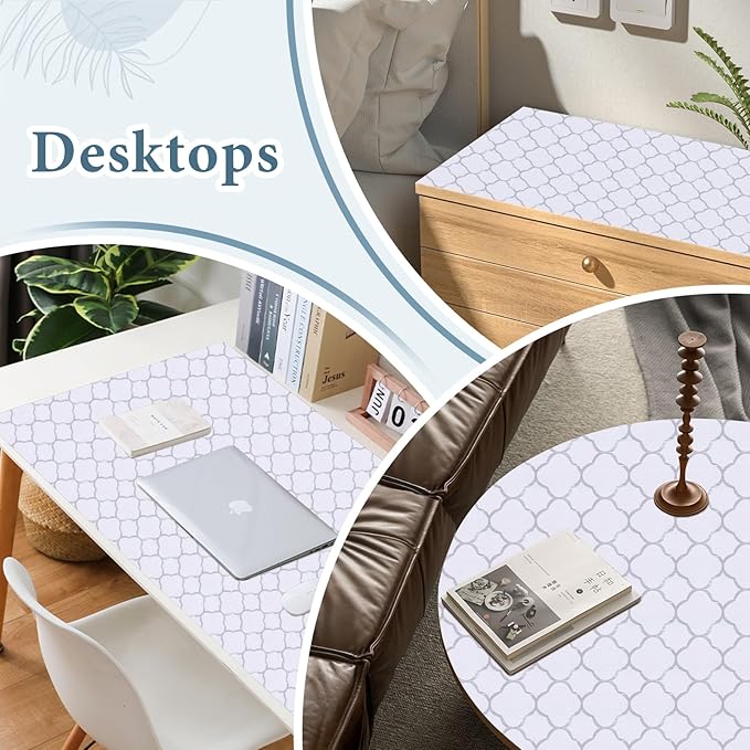 Shelf Liners for Kitchen Cabinets 17in x 30FT Non Adhesive Drawer Liner Silver Quatrefoil Shelf Liner Paper Strong Non-Slip Easy to Clean for Tool Box Refrigerator with Knife and Tape Measure