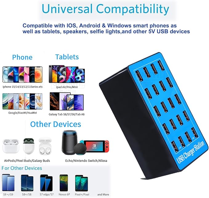 100W 20-Port Multi-Device USB Charging Station - Supports simultaneous Charging for Smartphones, Tablets, smartwatches and Other USB-Powered Devices.(20 Port Charger Station-Blue)
