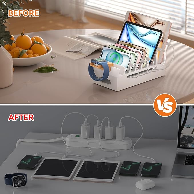 Pezin & Hulin Bamboo Charging Station with Watch Stand, Docking Holder for Multi Device with 5 Charge Cables, Desktop Dock Stations Electronic Organizer for Cellphone, Tablet, Watch-White