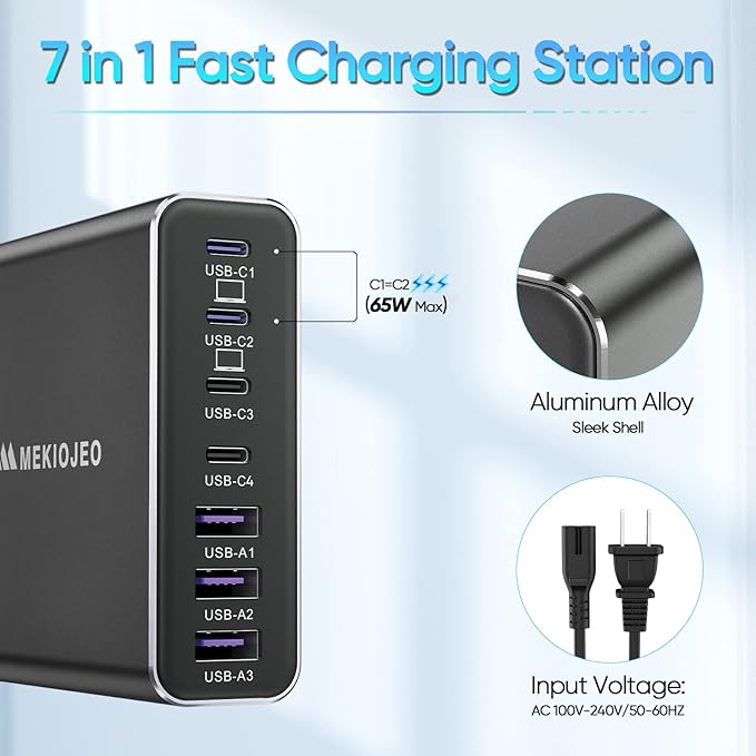 Aluminum Alloy USB C Charger GaN Charger Fast USB C Charging Station 7 Ports 65W Laptop for MacBook Pro/Air/iPad Pro/iPhone (Coal Black)