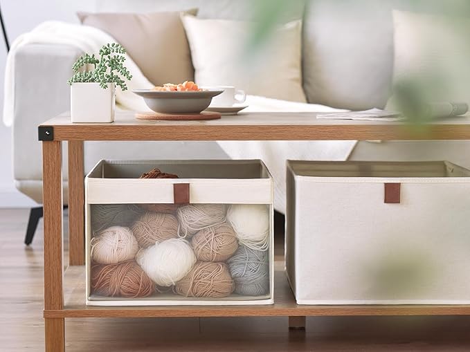 StorageWorks Closet Storage Bins, Large Storage Baskets with Clear Window and Handles, Foldable Fabric Organizer for Clothes, Shelves, Beige, 3 Pack