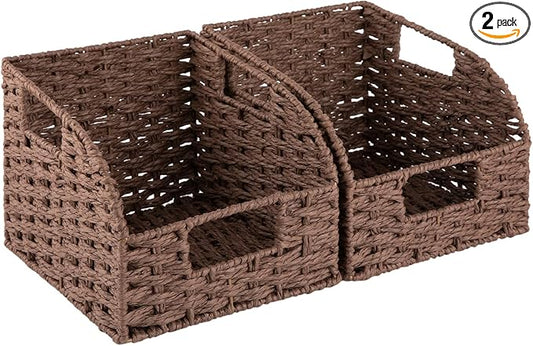 OIAHOMY Pantry Baskets for Organizing, Paper Rope Baskets with Built-in Handles, Wicker Storage Bins for Shelves, 2 Pack-Brown