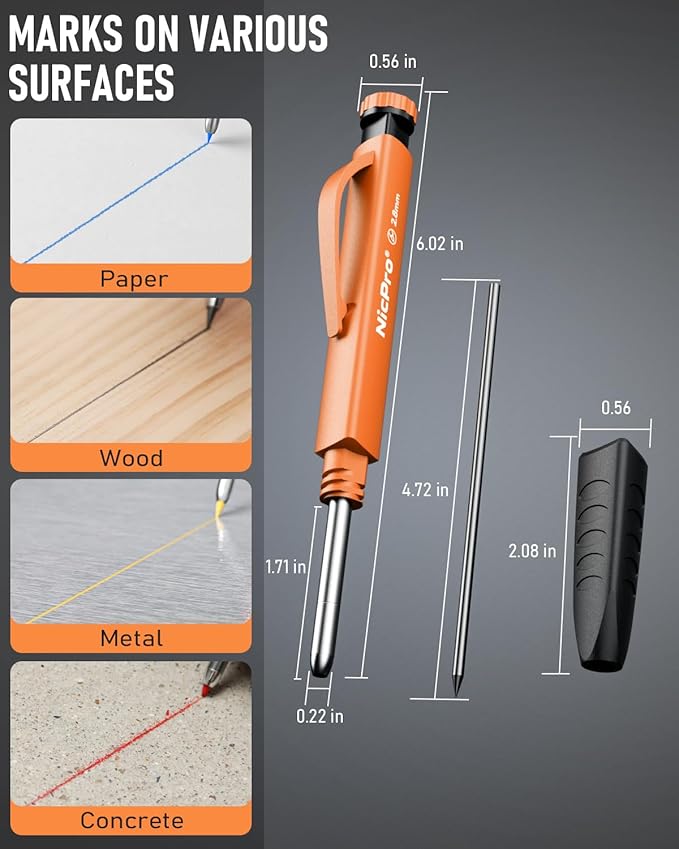 Nicpro 6 Pack Upgraded 3-IN-1 Carpenter Pencil Set with Finger Grip, Construction Pencils with 54 Refill & Mini Spirit Level, Deep Hole Carpenter Tool, Mechanical Carpenter Pencil for Woodworking