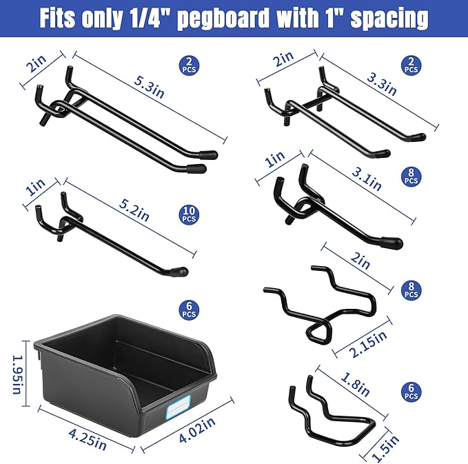 196 PCS Extra Thick 1/4" Pegboard Hooks Set, Heavy Duty Peg Board for Hanging Storage, Black Metal Pegboard Accessories with Pegboard Bins for Garage Wall Organizer
