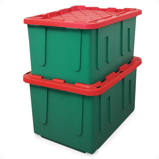 HOMZ 2-Pack Durabilt, Heavy Duty Plastic Storage Bins with Lids, 27 Gallon, Green/Red - Stackable Container Boxes for Holiday, Attic, and Garage Organization