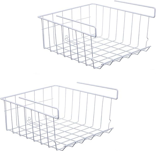 Under Shelf Storage Basket, 2-Pack Under Shelf Hanging Metal Wire Storage Basket Organizer for Kitchen, Office, Pantry, Bathroom, Cabinet, White