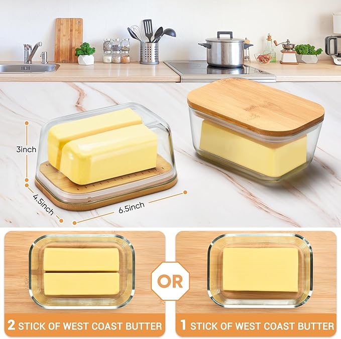 Glass Butter Dish With Sealed Lid - Large Tray for Refrigerator and Outdoor Use - Dishwasher Safe