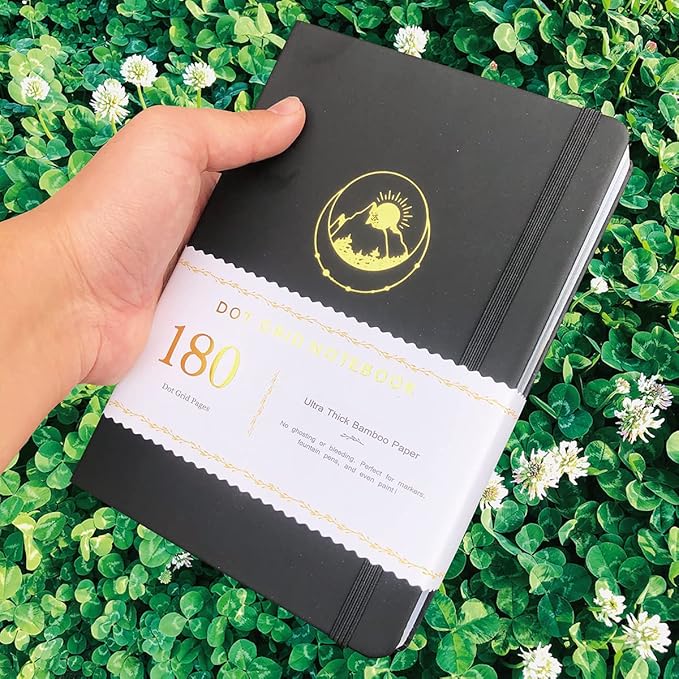 Dotted Notebook Journal 180GSM Bamboo Thick White Paper 160 Pages 5 * 5MM Dot Grid, Lay Flat Binding,Colored Silver Edges, Bookmarks and Expandable Back Pocket (BKP-2)