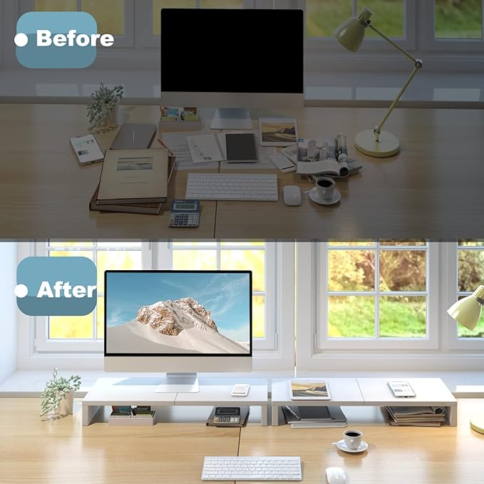 TEAMIX 2 Pack White Monitor Stand Riser - 20 inch, Wooden Desktop Stand for PC/TV/Laptop/Printer, Monitor Riser with Storage, Computer Stand with Keyboard Organizer